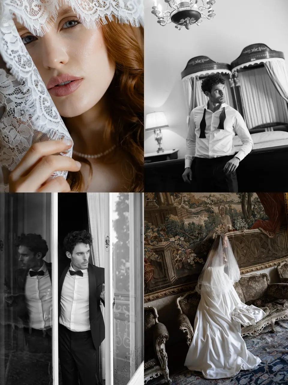 Collage of Roberta’s lace veil, Antoine in his shirt, the doorway and Roberta in her gown