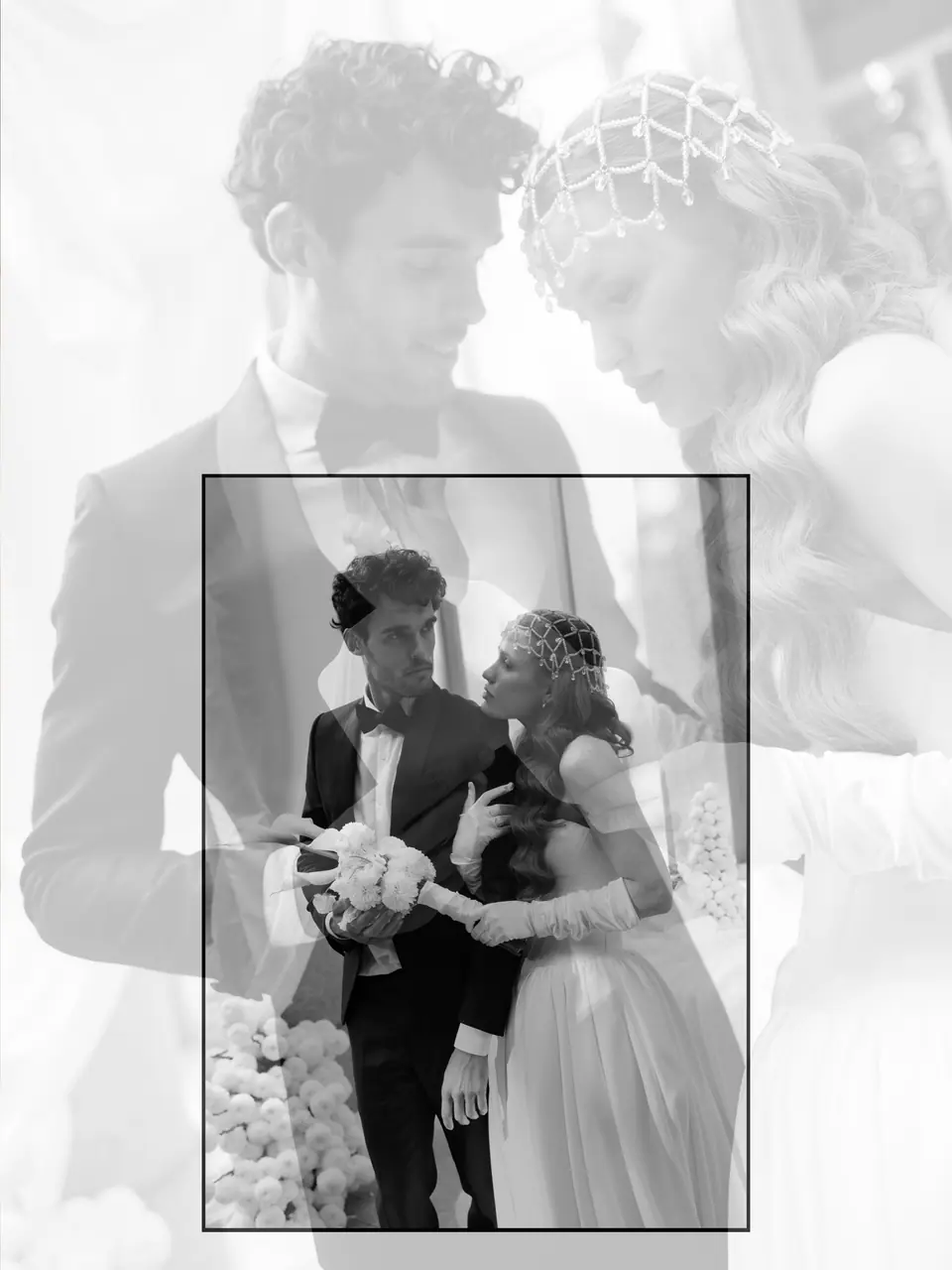 Roberta and Antoine overlaid in black and white, a framed photograph of them in the centre