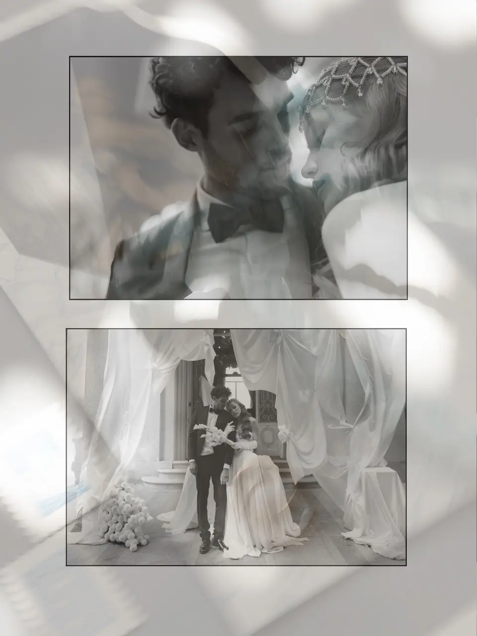 Layered photographs of Antoine and Roberta, and the couple between draped curtains