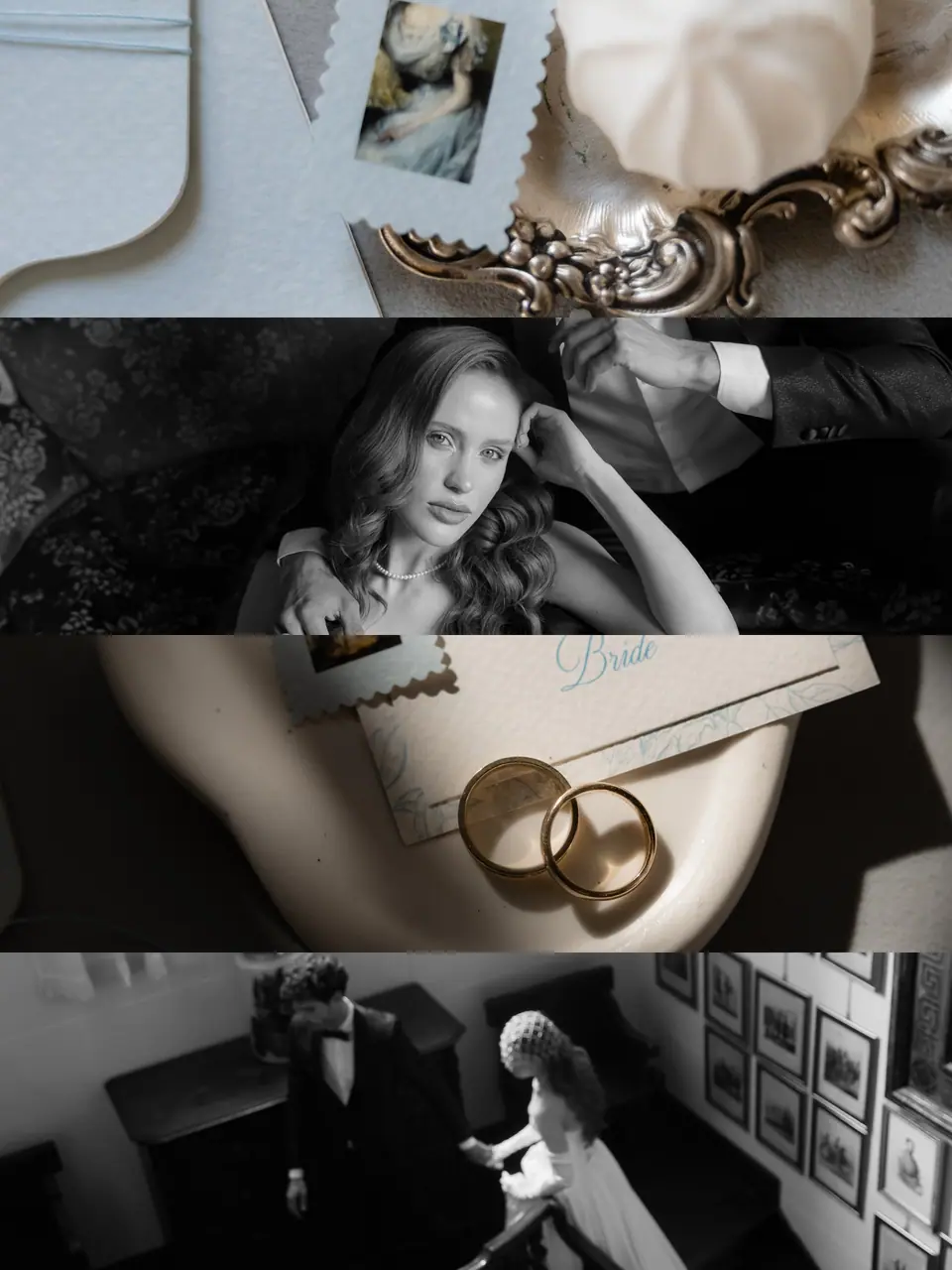 Collage of stationery, Roberta’s portrait, the wedding rings and Roberta on a staircase