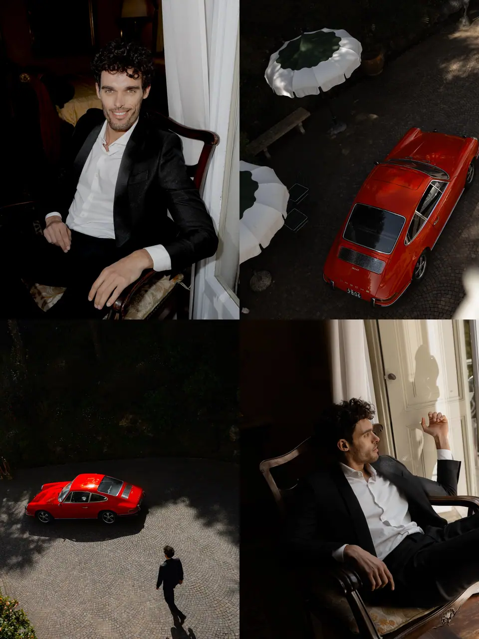 Collage of Antoine in an armchair, the red car from above and Antoine by the window