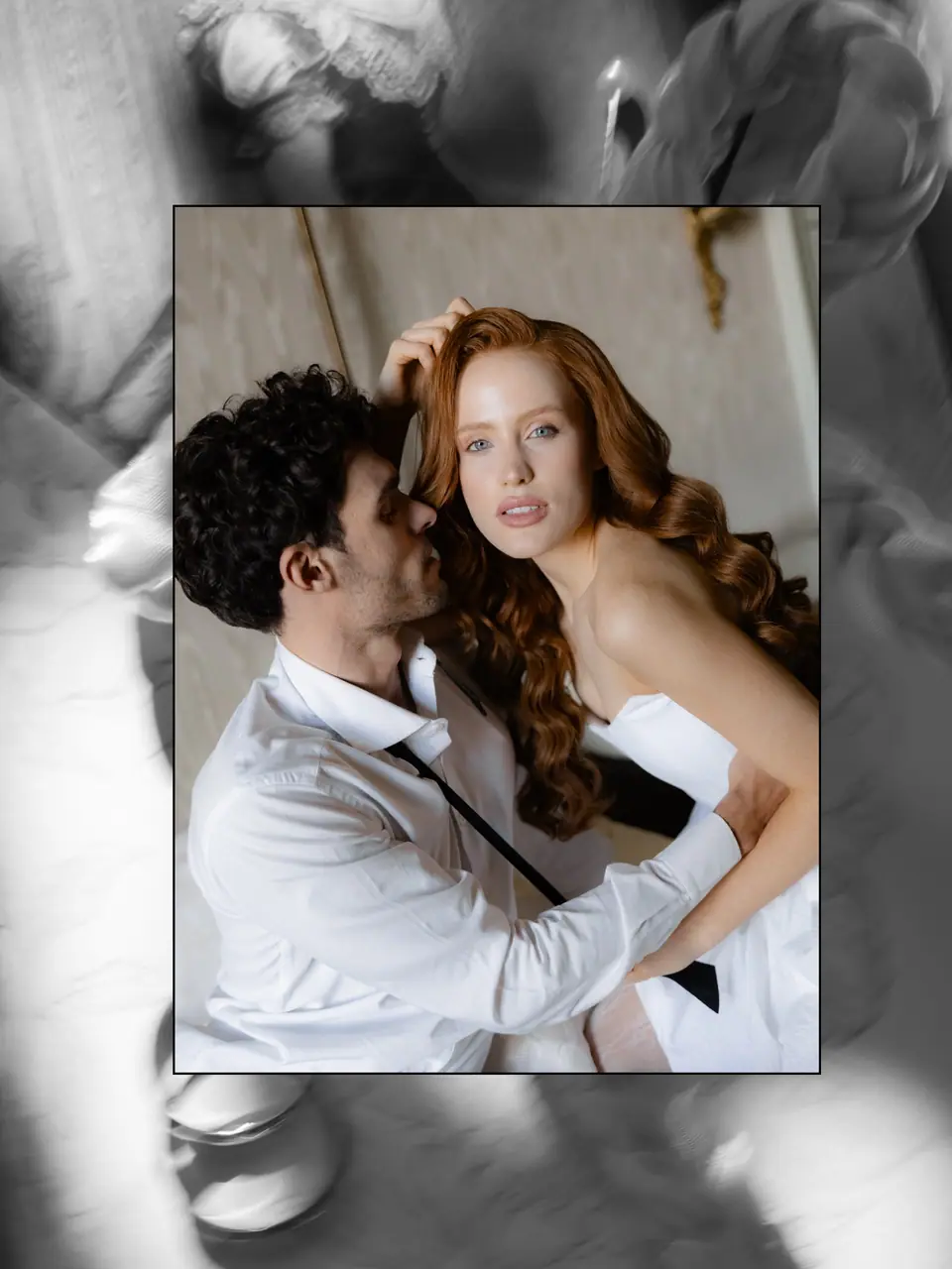 Antoine and Roberta close together, framed over a blurred black and white background