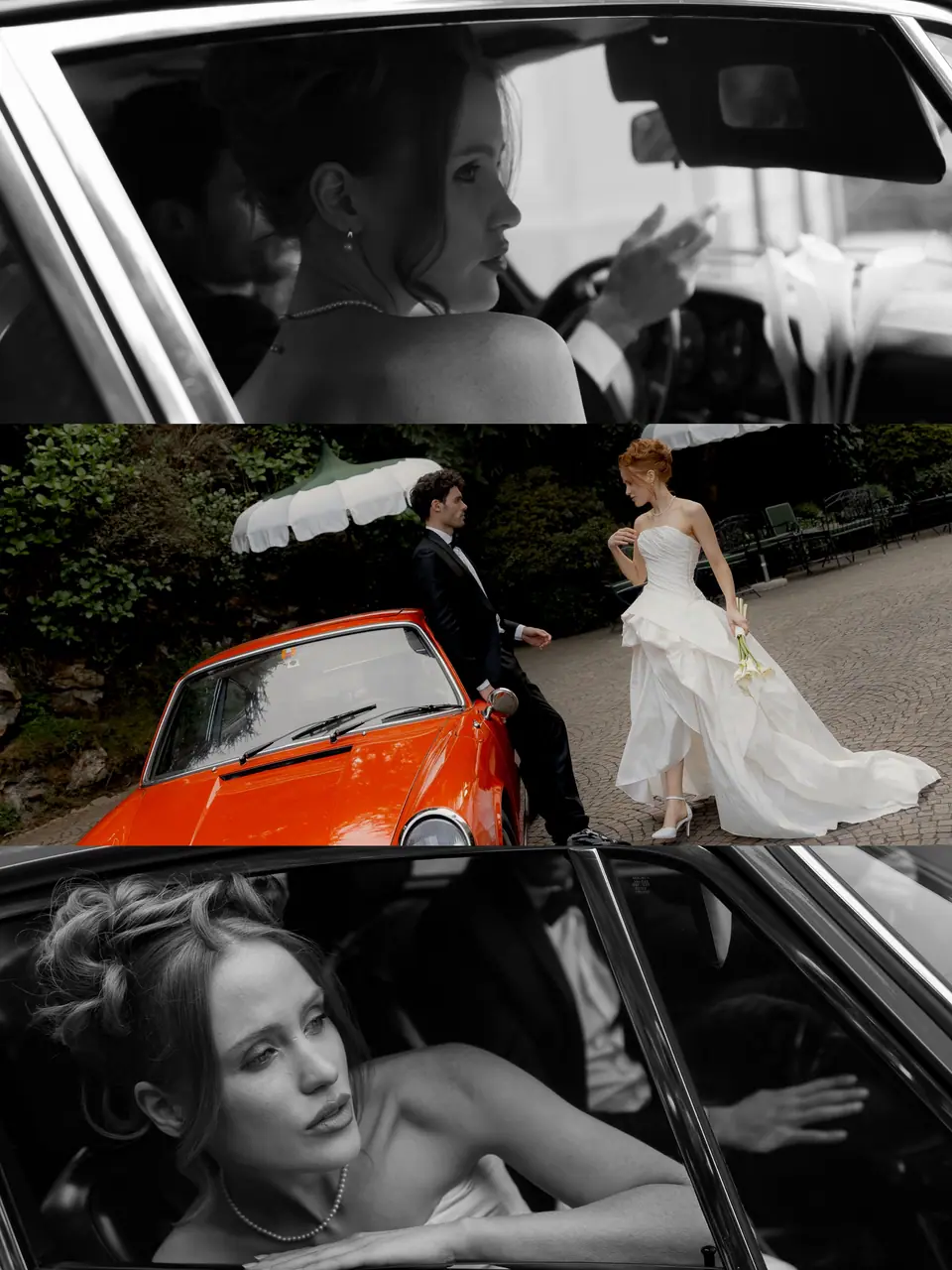 Collage of Roberta in a car in black and white, and the couple walking to the red Porsche